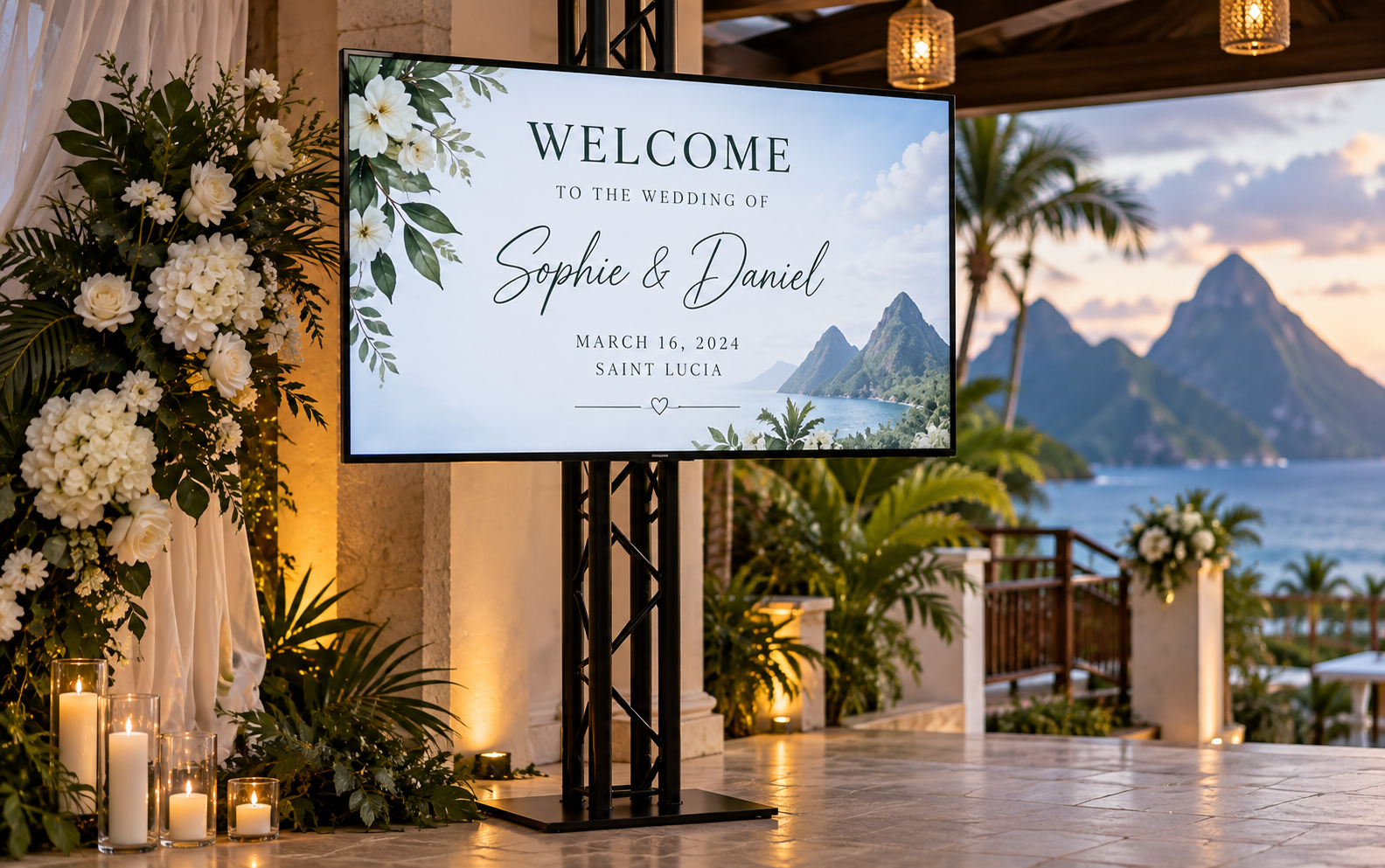 Digital wedding welcome display in St Lucia